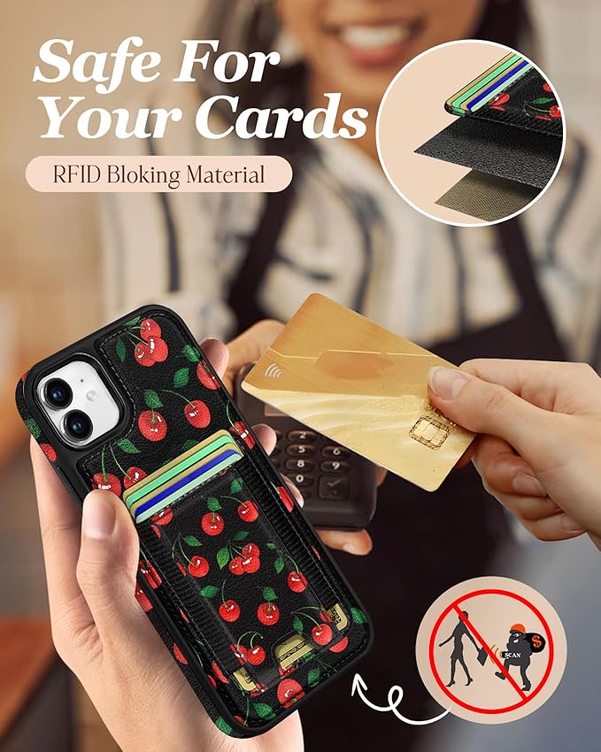 Shorogyt for iPhone 11 Wallet Case - Fits 5 Cards, Compatible with Magsafe Detachable Magnetic Credit Card Holder Leather Cardholder Cute Phone Cover Women Girls for Apple 11, Cherry