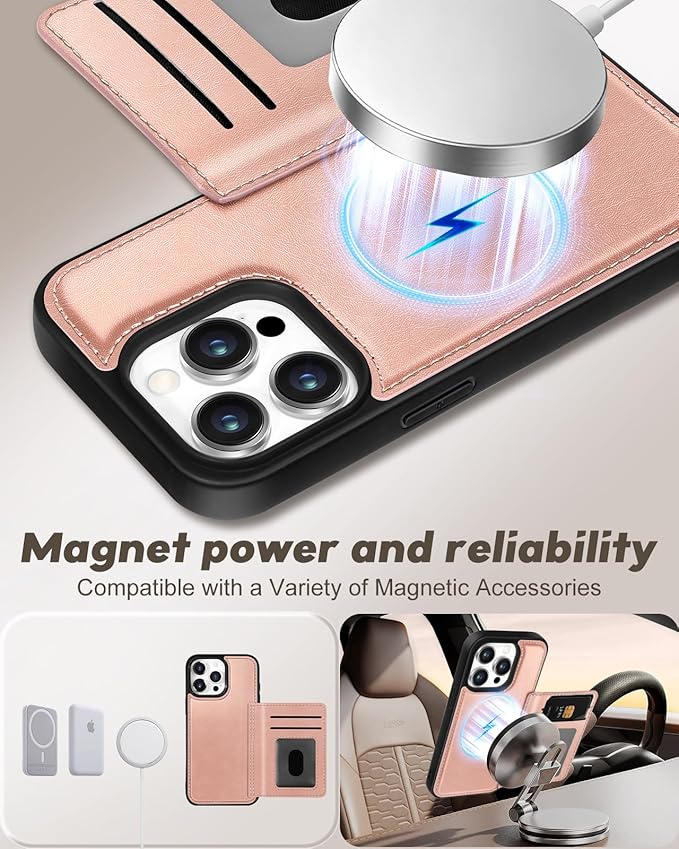 for iPhone 15 Pro Case with Wallet - Fits 4 Card Slots, Compatible with MagSafe for Women Aesthetic Durable PU Leather Credit Card Holder Kickstand Phone Cover for Apple 15 Pro, Rose Gold