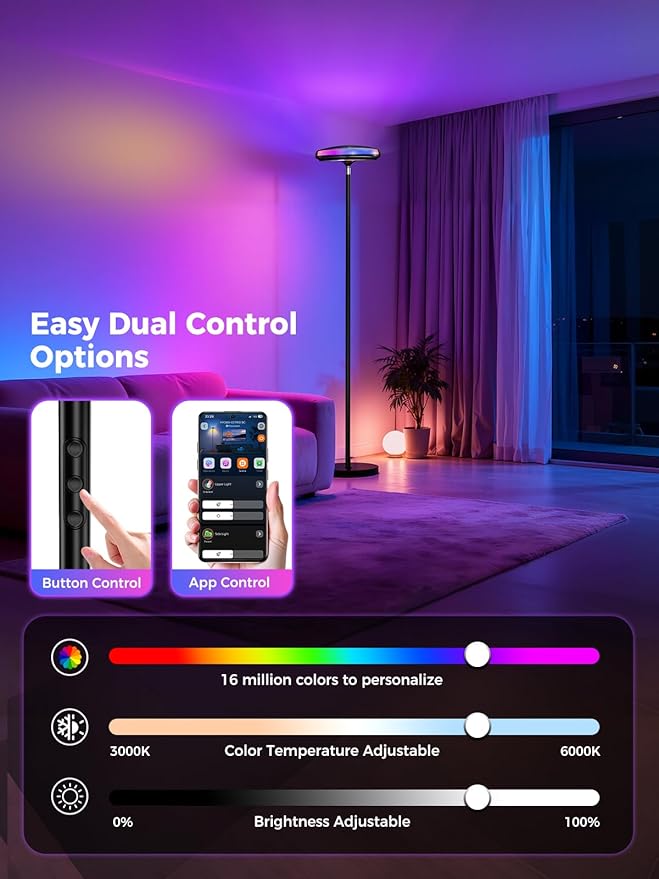Smart Floor Lamp for Living Room, RGB+WW Ripple Projector, LED Corner Floor Light, Dimmable Tall Standing Lamp with App Control, Color Changing Mood Light & Eye-Care Reading Lamp for Bedroom