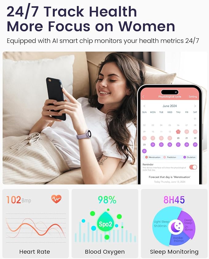 Smart Watches for Women(Answer/Make Calls), 1.27'' AMOLED Screen Activity Trackers with Heart Rate/Sleep/SpO2 Monitor, Smartwatch for iPhone/Samsung/Android,120+ Sport IP68 Fitness Watch 2Bands Violet