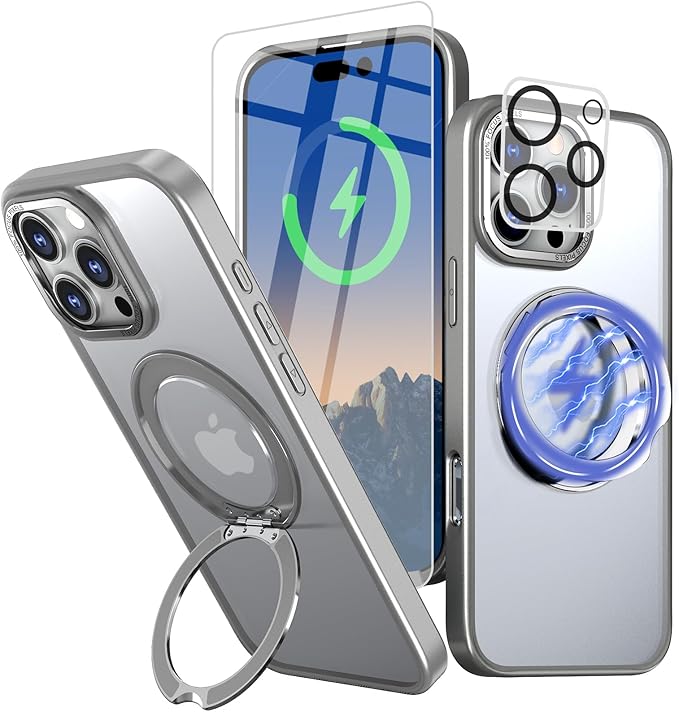 for iPhone 16 Pro Max Case with Screen Protector & Lens Protector [15 FT Military Drop Protection] Magnetic Kickstand Compatible with MagSafe Slim Translucent Case (Titanium Grey)