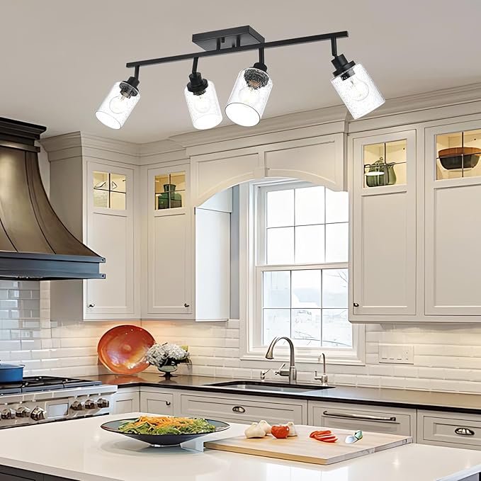 4-Light Black Track Lighting Kit Ceiling Mount Kitchen Track Lighting Fixtures, Bathroom Ceiling Tracking Vanity Light with Bubble Seeded Glass Shade & Rotatable Tracking Heads for Accent Shop