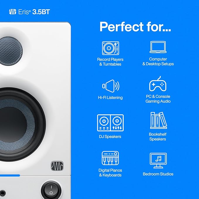 PreSonus Eris 3.5BT Studio Monitors, Pair — 3.5" Inch Powered Speakers, Bookshelf Speakers, Stereo, Desktop Computer, Near Field Music Production, Audio Mixing Recording