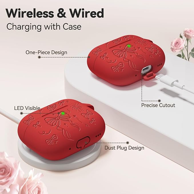 for Airpods Pro 3 Case Cover, Joremx Cute Bow Engraved Silicone Protective Case Cover with Keychain, Cleaner Kit for Airpods Pro 3rd Generation 2025 (Red)