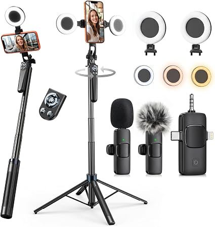 71" Phone Tripod for iPhone 2 Lights 2 Wireless Mics & Rechargeable Remote