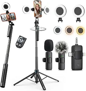 71" Phone Tripod for iPhone 2 Lights 2 Wireless Mics & Rechargeable Remote