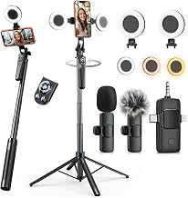 71" Phone Tripod for iPhone 2 Lights 2 Wireless Mics & Rechargeable Remote - Image 1