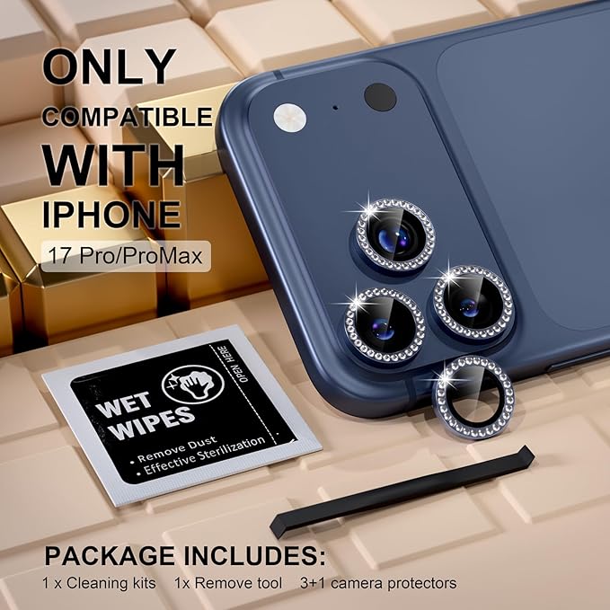 Misea Compatible for iPhone 17 Pro/iPhone 17 Pro Max Camera Lens Protector Bling, 9H Tempered Glass Camera Cover Screen Protector Metal Individual Ring Decoration Accessories, Blue Diamond