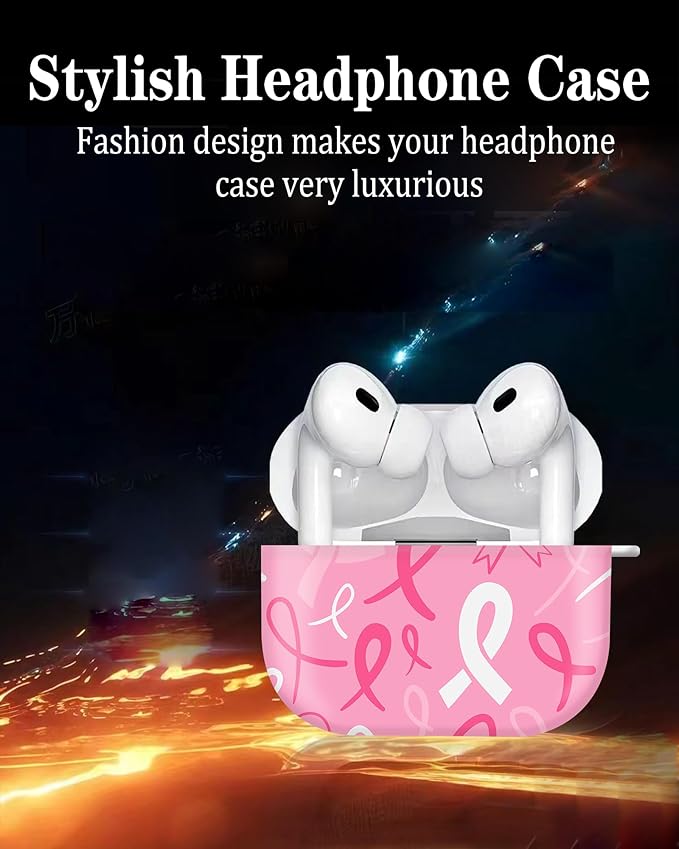 Cute Hard Case Compatible with AirPods Pro 2nd/1st Generation, Protective Cover with Golden Keychain, Fits 2023/2022/2019 Models, for Women, Girls, and Men(Pink Ribbon)