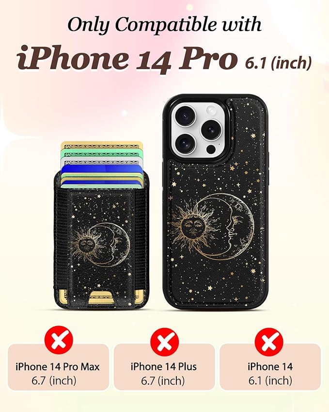 Shorogyt for iPhone 14 Pro Case Wallet - Fits 5 Cards, Compatible with Magsafe Detachable Magnetic Credit Card Holder Leather Cardholder Cute Phone Cover Women Girls for Apple 14Pro, Sun Moon