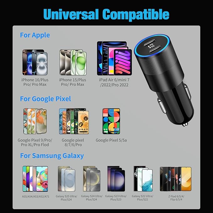 60W Fast USB C Car Charger, Dual 30W PD 3.0 Charging Port Cigarette Lighter Adapter for iPhone 17 Pro Max 16 15, iPad, Google Pixel 10 9, Samsung Galaxy S26 S25, Android Phone with 3.3ft Type C Cable