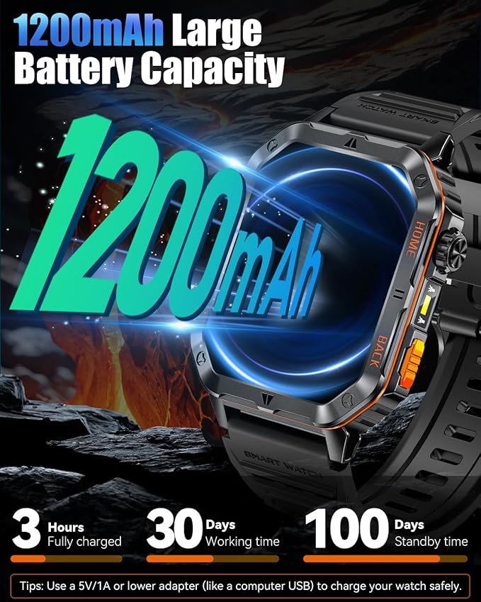Military Smarty Watch for Men, 2.01" Smartwatch with 1200mAh Battery, Flashlight, Answer/Make Calls, Heart Rate/Sleep Monitor 100+ Sport Modes Fitness Tracker for Android/iPhone