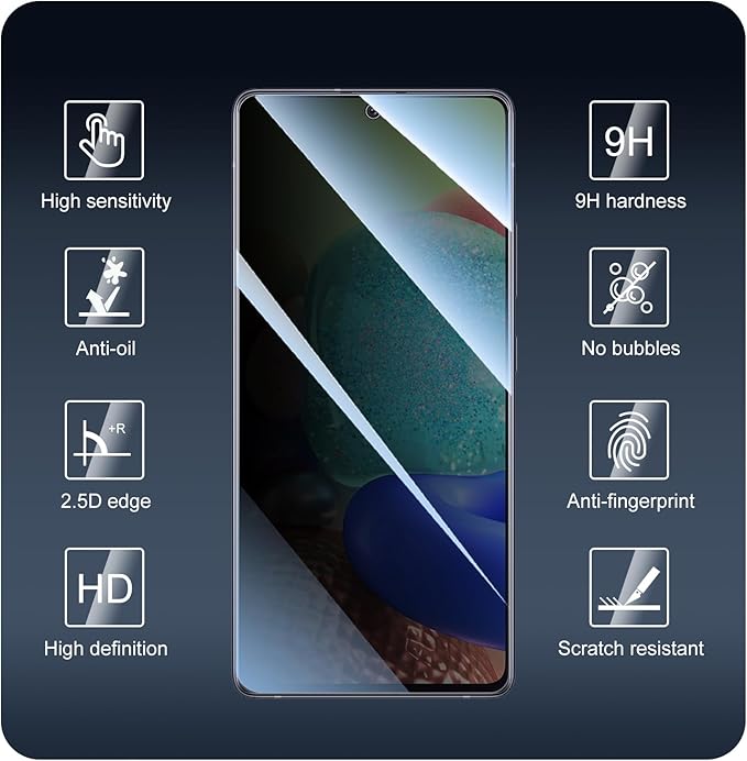 Privacy Screen Protector for Samsung Galaxy A71/A72/A73, Anti-Spy Tempered Glass, Double Shatterproof 9H Hardness, Dark Private Black Protection, Anti-Scratch Impact Resistant Case-Friendly Screen Guard - 3 Pack