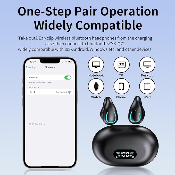 Open Ear Bone Conduction Headphones Bluetooth 5.3 Wireless Clip On Earbuds with Digital Display Charging Case 60 Hours Playtime Sport Earphones Built-in Mic IPX7 Waterproof for Running Fitness