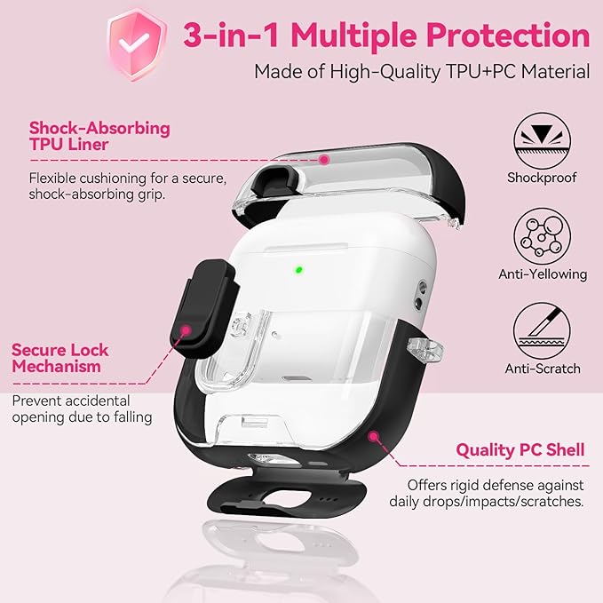 for Airpods Pro 3 Case 2025, Anti-Yellowing Clear Case for Airpods Pro 3 with Secure Lock & Phone Stand, Soft TPU Drop Protection Cover with Cleaning Kit (Black)