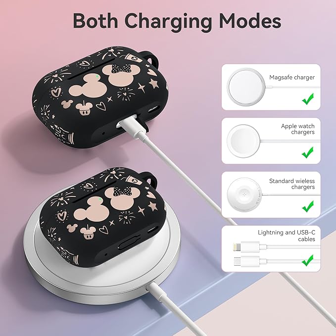 Compatible with Airpods Pro 2nd/1st Generation Case Cover with Keychain, Women Men Soft Silicone Two-Tone Cute Cartoon Engraved Convenience Protective Case, Front LED Visible Black/Pink