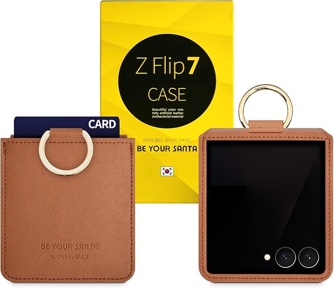 [BeYourSanta] Galaxy Z Flip 7 Case with Ring - Avant-Garde Handmade Saffiano Vegan Leather Case, Anti-Scratch Hinge Protection, Made in Korea (1 Pocket, Saddle Brown)