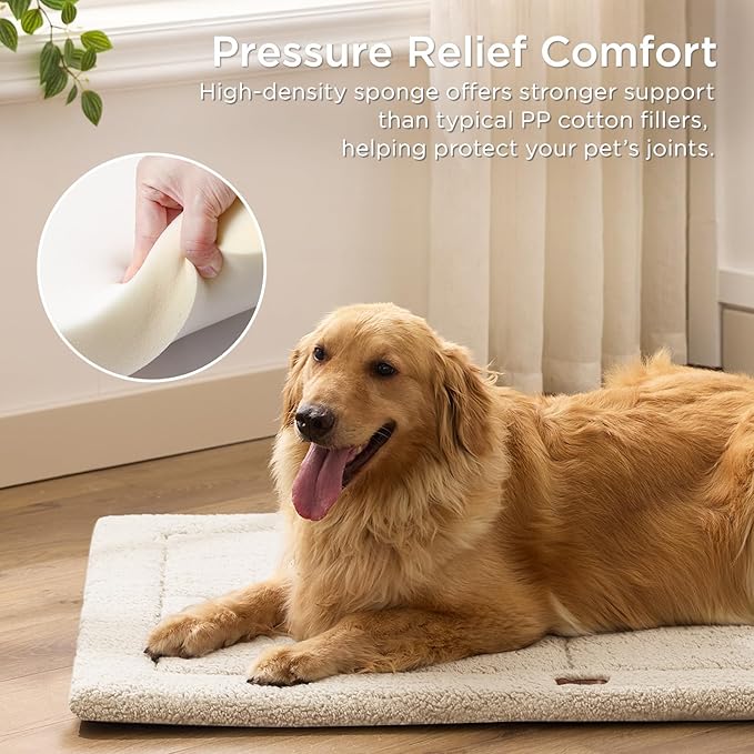 Reversible Dog Crate Pad Bed for Medium Small Dogs,Washable & Non-Slip Kennel Pet Mat, High Density Foam and Soft Fleece Cat Bed for Indoor & Outdoor Use, 29" x 21", Cream White