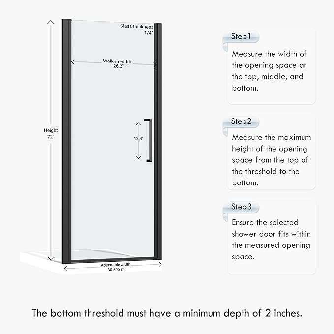 Frameless Pivot Shower Door 30.8-32" W X 72" H, 1/4" (6mm) Clear SGCC Tempered Glass, Hinged Pivot Swing Shower Door, Reversible Installation, Easy to Clean, Matte Black