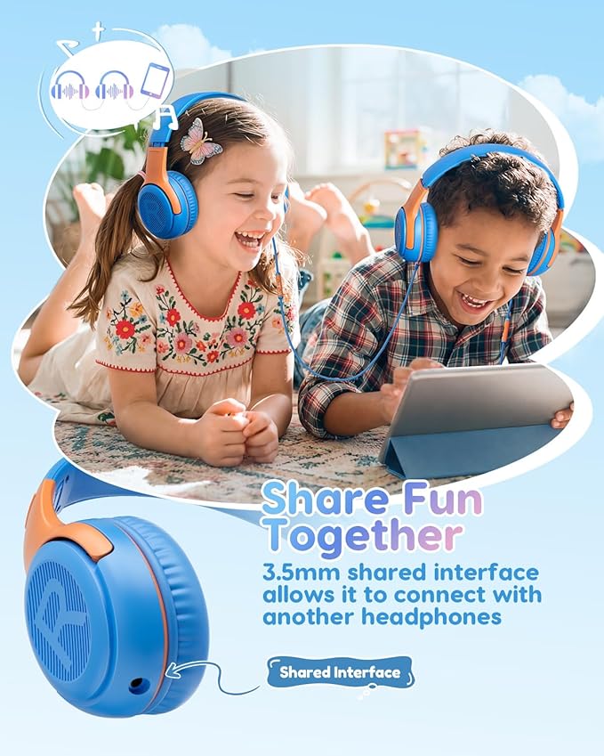 Kids Headphones Wired Toddler Headphones with Microphone, Over-Ear Headphones, 85/94dB Volume-Limiting, 3.5mm Jack, Foldable On-Ear Design - Safe & Comfortable for Learning & Entertainment