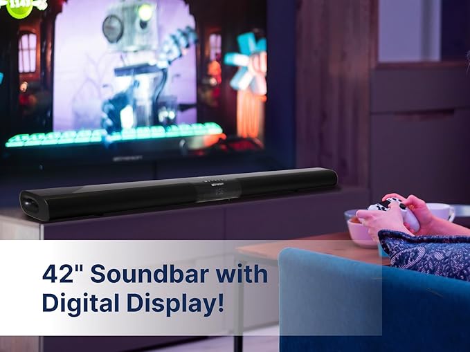 Emerson EHS-2004 42-Inch Bluetooth Soundbar with Built-in Subwoofer, 2.1 Channel Audio, USB/AUX Inputs, FM Radio, Wall Mountable, Remote Control, and Digital LED Display