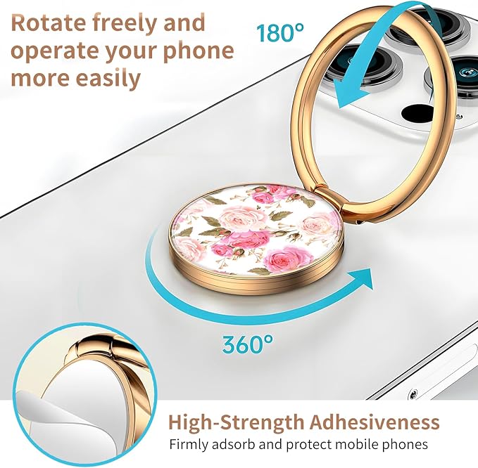 Cell Phone Ring Holder, Cute Metal Phone Grip Stand Finger Ring Kickstand, Flexible 360°Rotation Phone Tablet Case Accessories Compatible with Most Phones Luxury Pink Flowers