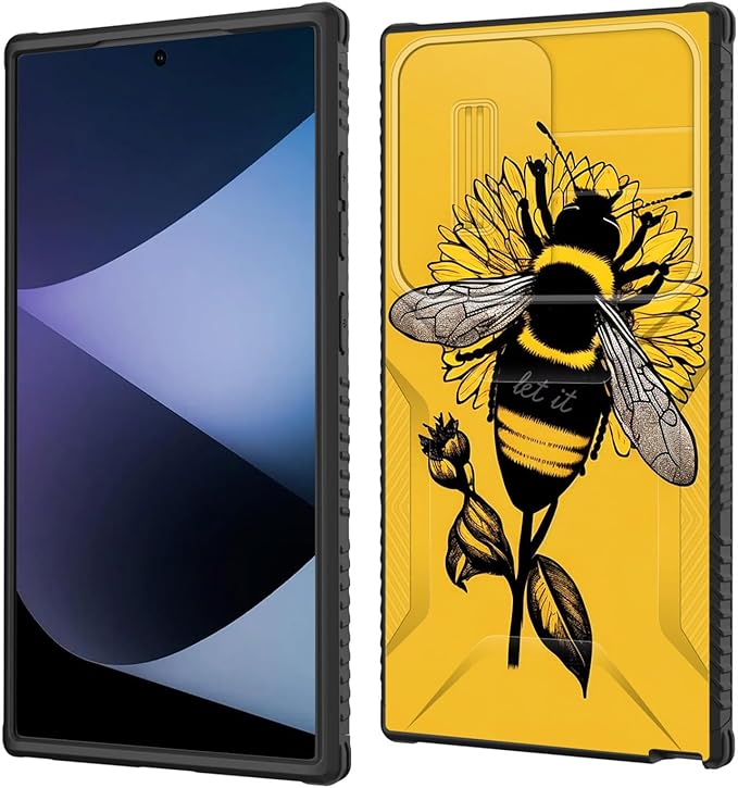 for Galaxy S24 Ultra Case Built in Slide Camera Lens Cover,Heavy Duty Shockproof Protection Dual Layer Case for Samsung Galaxy S24 Ultra 6.8" 2024,Honeybee Flower