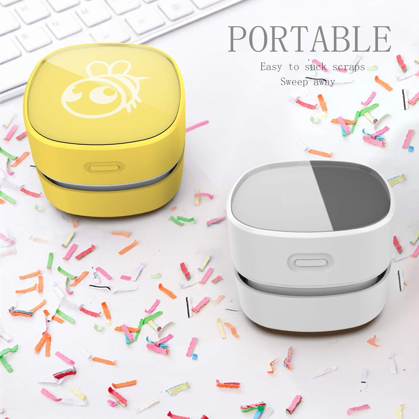 ODISTAR Desk Vacuum Cleaner with Wireless Charger, Mini Table dust Sweeper Energy Saving,Endurance up to 400 mins, Cordless&360º Rotatable for Keyboard/Home/School/Office (White Wireless Charger)