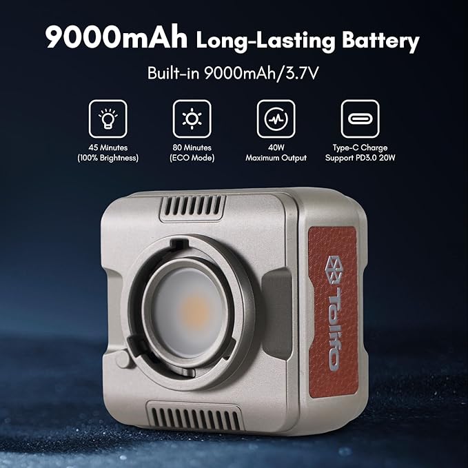 Tolifo Palm-Sized 40W RGB LED Photo Video Camera Light with Built-in Battery, Coldshoe, Diffusor and 60° Lenst, Full Color 2700K-6500K CRI97+/TLCI98+ 20 Scenes for Tiktoker, Vlogger and Streamer