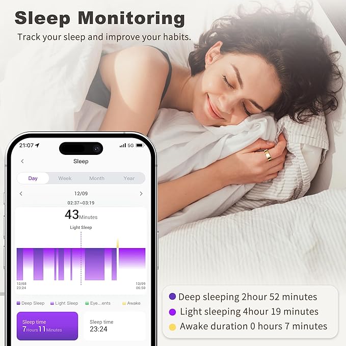 Smart Ring for Women Men, Fashion Minimalist Fitness Ring & Sleep Tracker Ring with Heart Rate, SPO₂,Blood Pressure,5ATM Waterproof Health Ring, No Subscription, Gift (Size 11,Gold)
