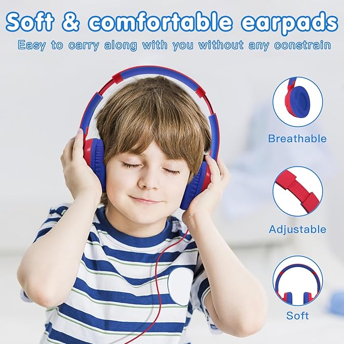 ZIHNIC Wired Kids Headphones, Safe 85dB Volume Limit for Boys & Girls, Comfortable Earpads, Foldable Design for School, Tablets, and Travel-RED
