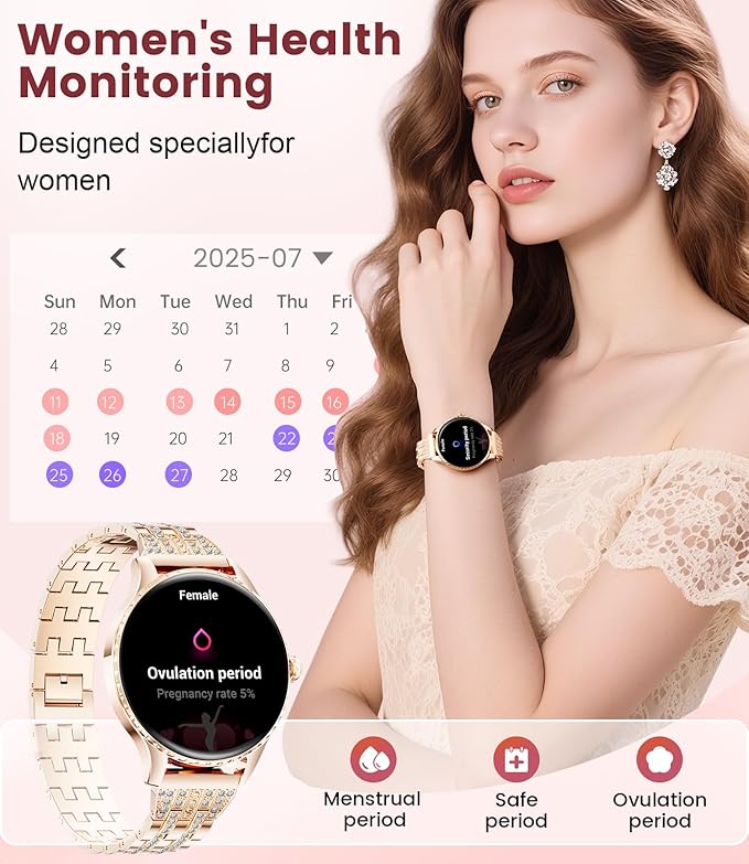 Smart Watches for Women with 1.32" AMOLED Display, Bluetooth Calling, 121 Sports Modes, Heart Rate & Sleep Monitor, Fitness Tracker, IP68 Waterproof, 2 Bands, Compatible with Android iOS