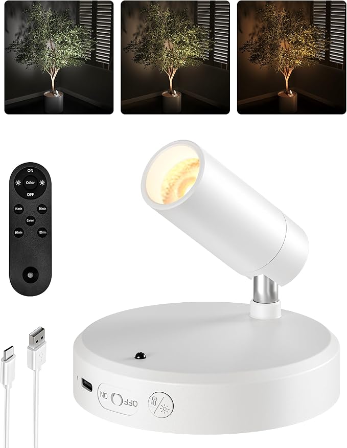 EZVALO Battery Powered LED Spotlight Indoor, Wireless Picture Lights with Remote,5500mAh Rechargeable Mini Display Light, Uplighting Indoor for Artwork Tree Painting Portrait (white-1Pack)