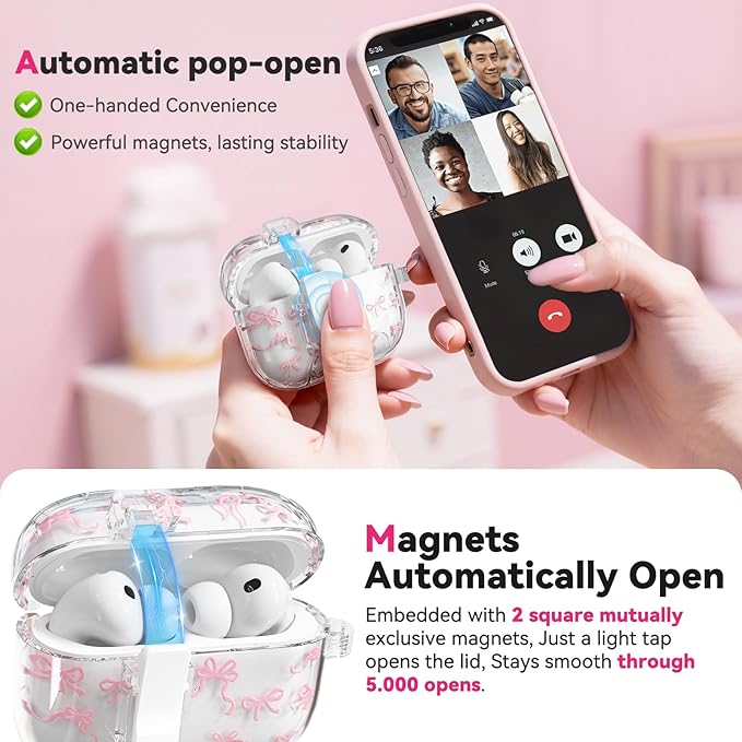 for AirPods Pro 3 Case Cute with Safety Lock & Phone Stand, Auto-Open Lid, Bow-Print Clear Case for Apple AirPods Pro 3rd Generation 2025 Cover with Cleaner Keychain for Women Girly, Pink