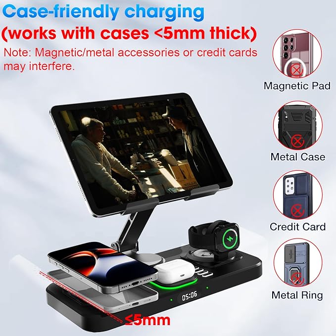 6 in 1 Wireless Charger for Apple Device, 30W Foldable Wired Charging for ipad with Clock & 7 Color Ambient Light, Nightstand Charger Station for iPhone 17/16/15/iWatch Series/AirPods 4/Pro 3(Black)