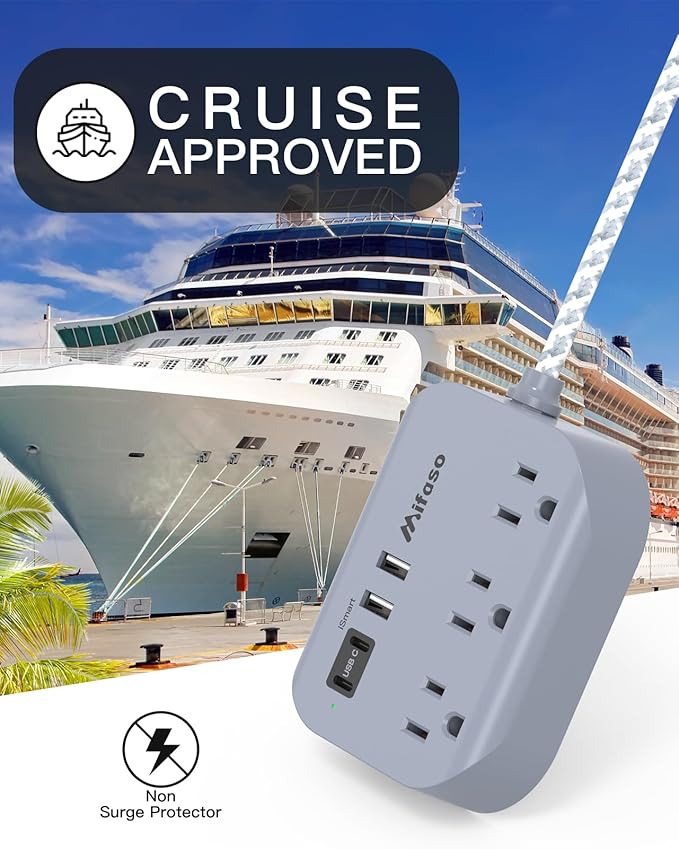 Cruise Ship Essentials - 1Ft Flat Extension Cord with Multiple Outlets, Power Strip USB Charging Station with Non Surge Protector for Cruise Ship, Travel, Dorm Room Essentials, Grey