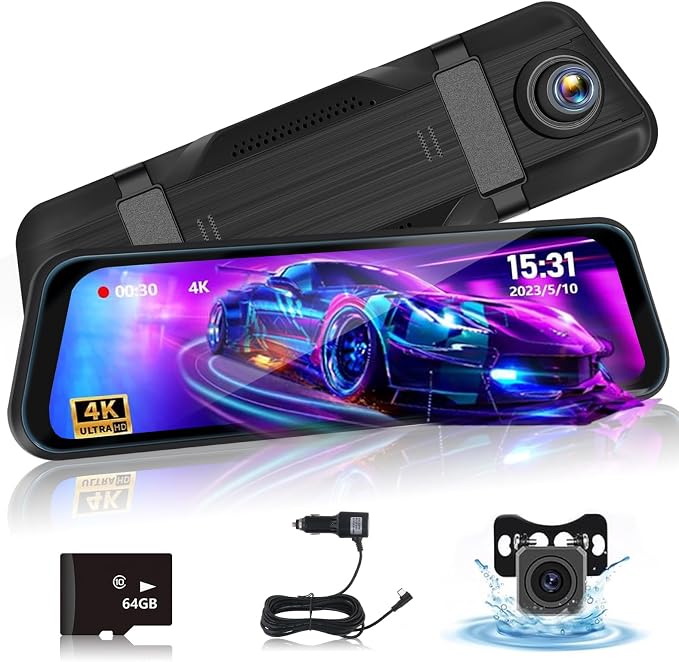 9.66 Inch Rear View Mirror Camera - 4K Mirror Dash Cam Front and Rear with 1080P Rear Camera - Full Touch Screen Mirror Camera for Car with WiFi&APP Control Parking Monitor Night Vision + 64GB Card