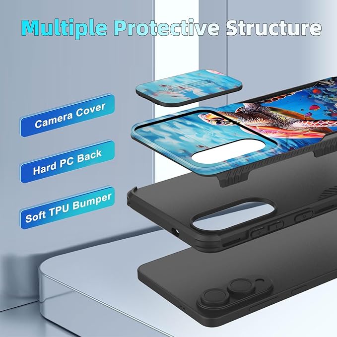 for Galaxy S25 Edge Case Built in Slide Camera Lens Cover,Heavy Duty Shockproof Protection Dual Layer Case for Samsung Galaxy S25 Edge 2025,Sea Turtle Swimming Underwater