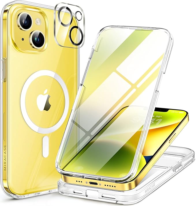 Miracase Glass Series Designed for iPhone 14 Plus Case 6.7 inch, 2023 Upgrade Full-Body Magnetic Clear Case with Built-in 9H Tempered Glass Screen Protector,Compatible with MagSafe,Clear