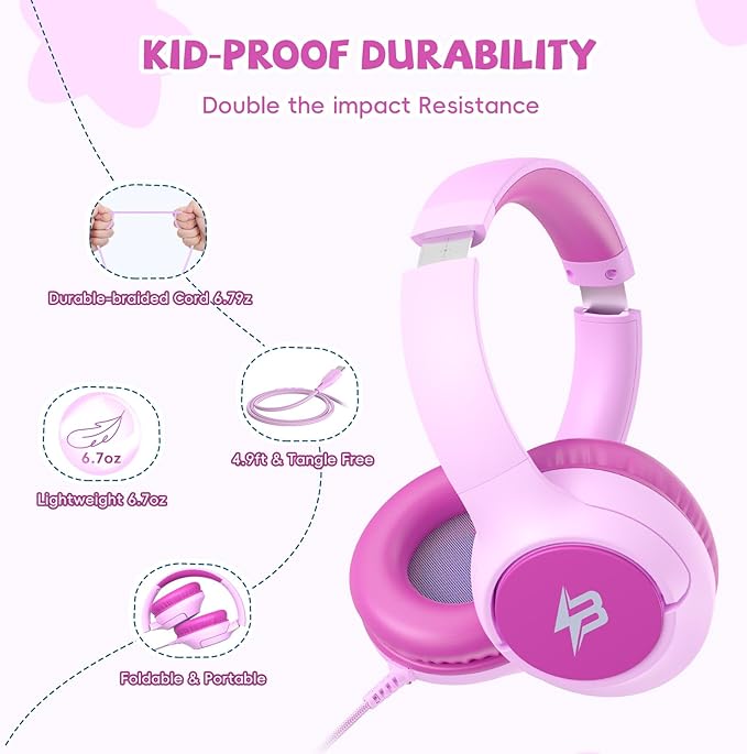 Kids Headphones Wired with USB C Plug, 85/94 dB Volume Limit Foldable USB Type C Headphones for Kids Girls, Plug in Headphones Corded Over Ear Wired Headphones for School/Tablet/Travel, Fuscia Pink