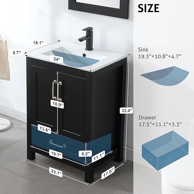 eclife 24" Bathroom Vanities with Sink Combo, Modern Thickened Wood Bathroom Storage Cabinet w/Undermount Sink, Matte Black Faucet Drain, Painted Surface, Black