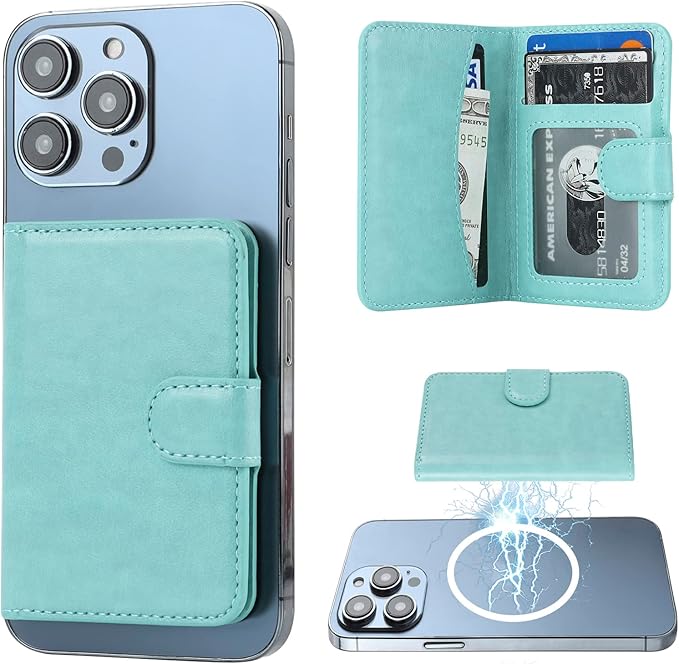 Bocasal for MagSafe Wallet Magnetic Card Holder, RFID Blocking Leather Card Slots for iPhone 17/16/15/14/13/12 Pro/Max/Plus/Air, Adjustable Kickstand Flip Mag Safe Wallet (Mint Green)