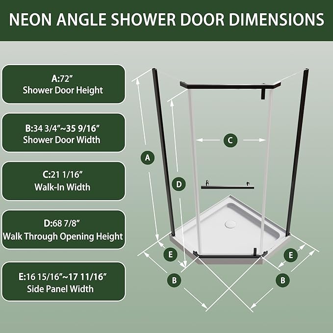 36" W x 36" D x 72" H Frameless Neo-Angle Shower Enclosure, Pivot Glass Shower Door with 1/4" (6mm) Clear SGCC Tempered Glass, Matte Black Finish, Reversible Installation