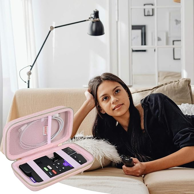 BOVKE Hard Case for Roku Voice Remote Controller, Roku Streaming Stick+ / 4K, Roku Remote Case for Roku TV Steaming Stick 3820R/ 3821R/3941R, Extra Mesh Pocket for Adapters, Cables, Pink Star