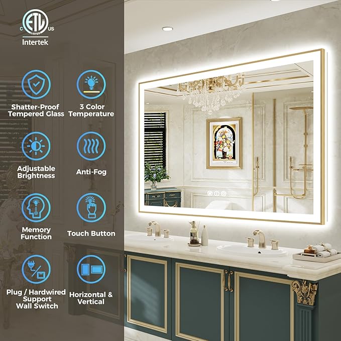 66x36 Inch LED Bathroom Mirror with Lights (Front Lit and Backlit) Gold Framed Lighted Vanity Mirror for Bathroom Wall Dimmable Anti-Fog Memory Tempered Glass Horizontal/Vertical