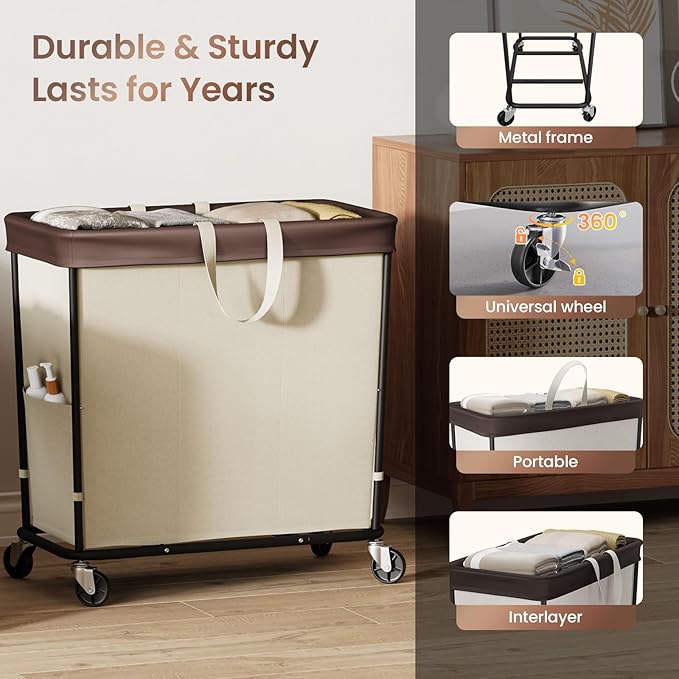 320L Laundry Basket with Wheels, 3-Section Rolling Hamper for Laundry, Extra Large Laundry Hamper with Wheels, Clothes Hamper Rolling Laundry Basket for Home, Bathrooms and Dorm(Beige)