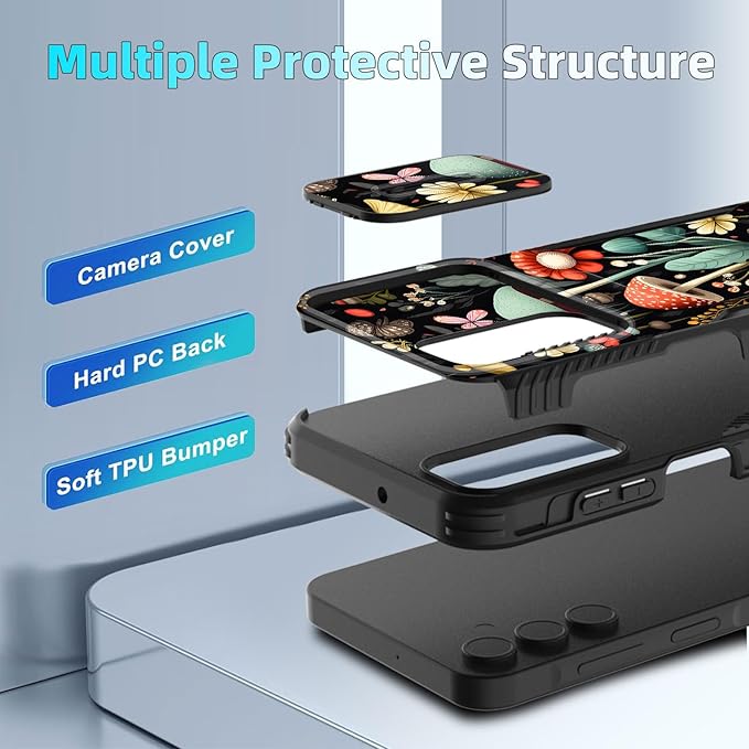 for Galaxy A15 5G Case Built in Slide Camera Lens Cover,Heavy Duty Shockproof Protection Dual Layer Case for Samsung Galaxy A15 5G 6.5 inch 2024,Mushroom Forest