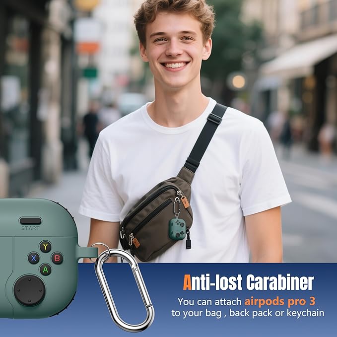 Getino Game Case for AirPods Pro 3 Case 2025, Shockproof Silicone Cover for Apple AirPods Pro 3 – with Cleaner Kit & Keychain, Classic Funny Durable Protective Case for Men Boy–Pine Green