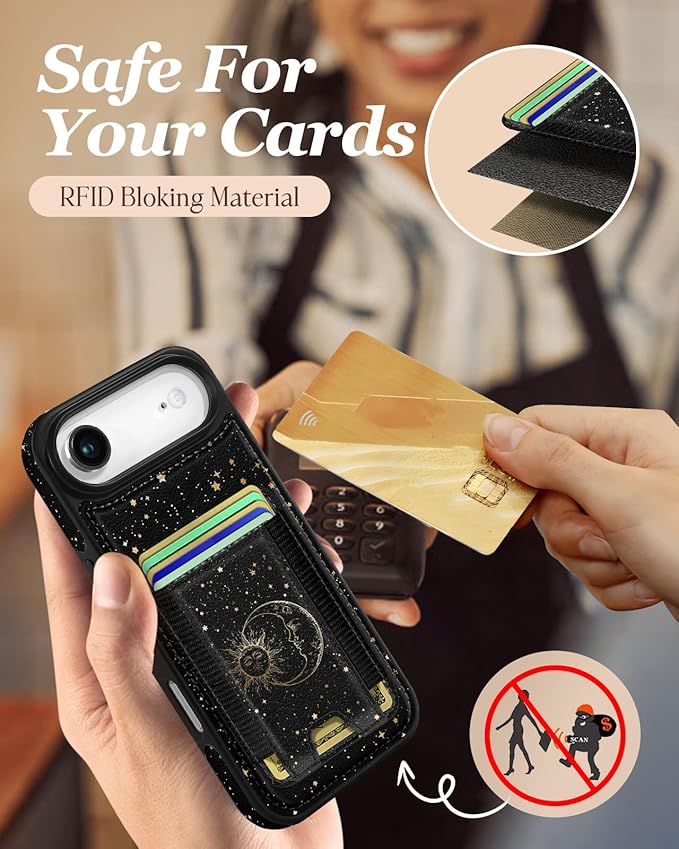 Shorogyt for iPhone Air Wallet Case - Fits 5 Cards, Compatible with Magsafe Detachable Magnetic Credit Card Holder Leather Cardholder Cute Phone Cover Women Girls for Apple 17 Air, Sun Moon
