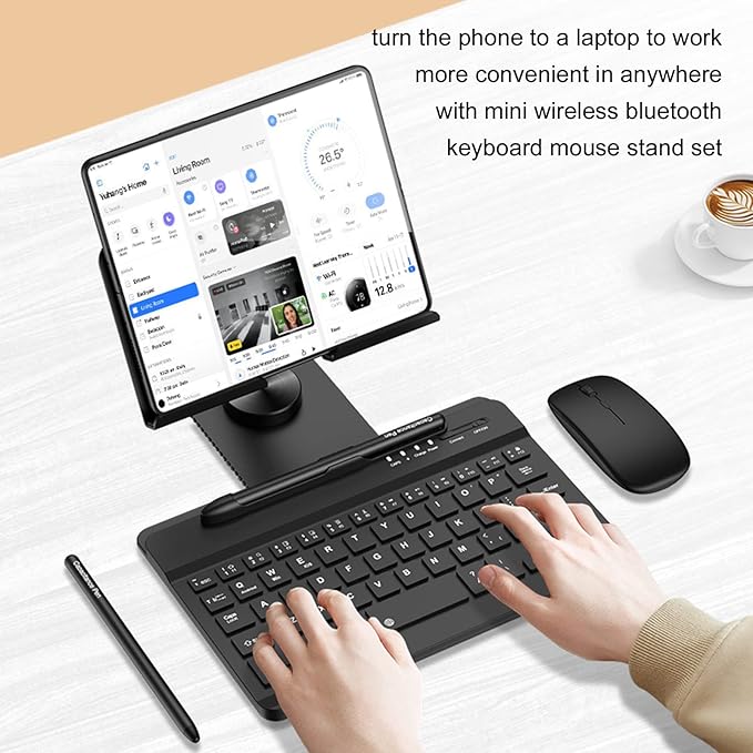 Desktop Stand & Bluetooth Keyboard Combo for Galaxy Z Fold 7/6/5/4 & Z Trifold, 4-in-1 Includes Mouse Pen, Slot, Adjustable Foldable Tablet Stand, Fits 4.7"-13" Tablets Cellphone, Black